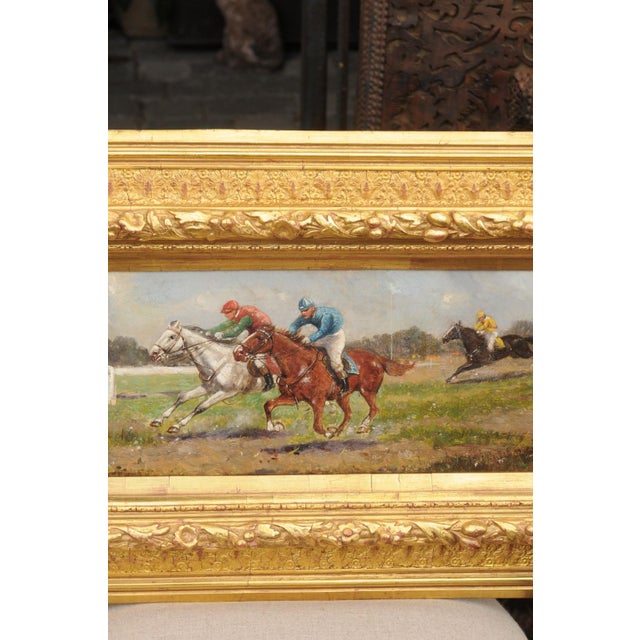 Pair of Late 19th Century American Oil Horse Racing Paintings in Giltwood Frames For Sale - Image 9 of 12