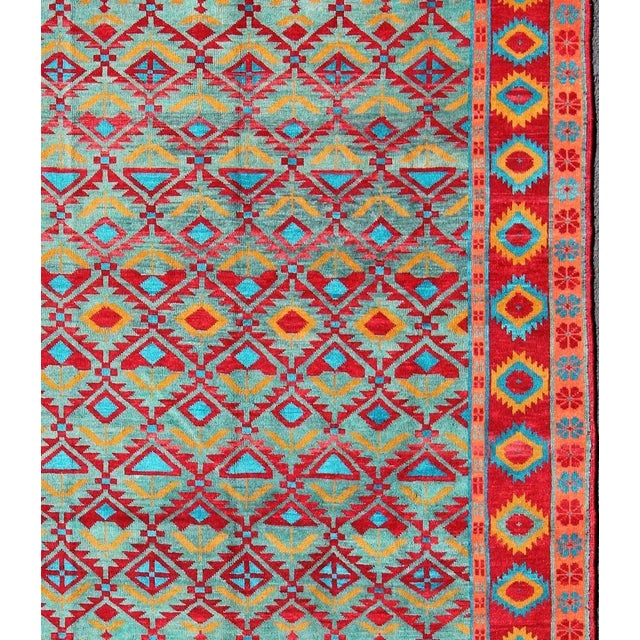 Mid 20th Century Unique and Vibrant Turkish Oushak Rug With Colorful and Bright Diamond Design For Sale - Image 4 of 11