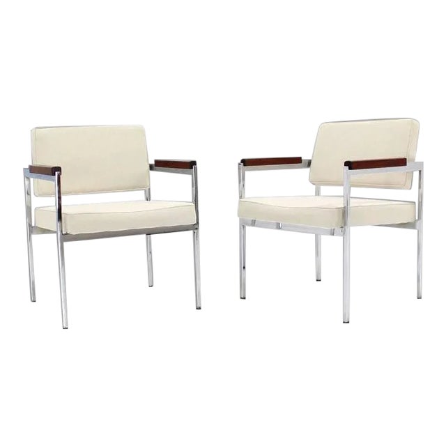 Early 20th Century Chrome Bases Solid Oiled Walnut Arms Armchairs- A Pair For Sale