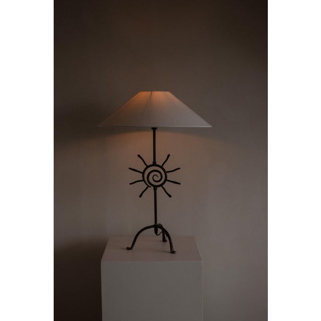 Black Vintage Brutalist Forged Iron Sunburst Table Lamp For Sale - Image 8 of 10