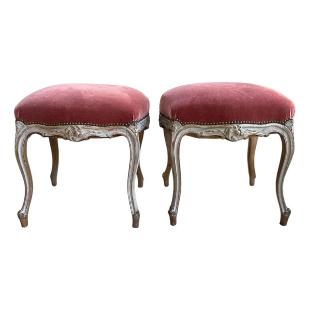 Pair of 19th Century French Provincial Mohair Footstools - Carved Serpentine Frames, Custom Finish and Dusty Rose Upholstery For Sale