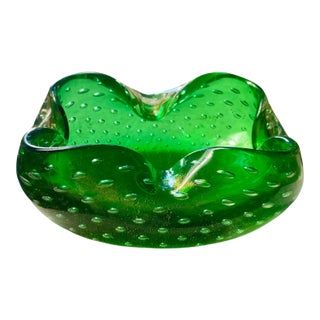 Vintage Murano Attributed Italian Bullicante Green Glass Bowl With Gold Flecks For Sale