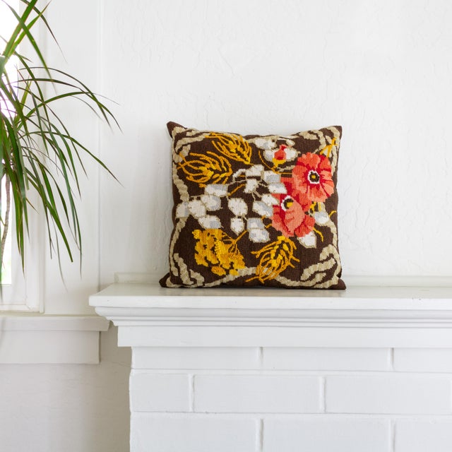 Fall Floral Needlepoint Accent Pillow With Poppies and Yarrow For Sale - Image 6 of 12