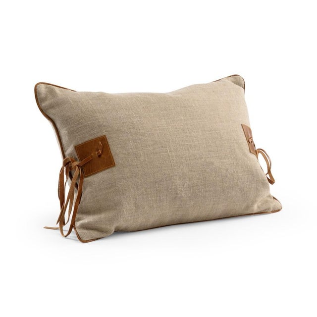 Natural linen fabric with tan leather accents, natural linen backing with side zipper, down & feather pillow insert 14h x...
