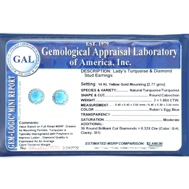 Natural Turquoise Diamond Stud Earrings 14k Yellow Gold 2.18 TCW Certified For Sale In New York - Image 6 of 6
