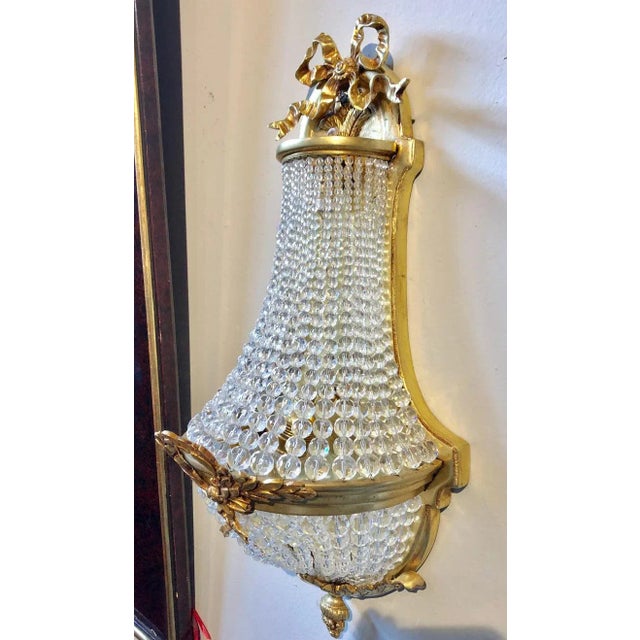 French Louis XVI Style Bronze and Crystal Beaded Small Wall Sconce - a Pair For Sale - Image 3 of 13