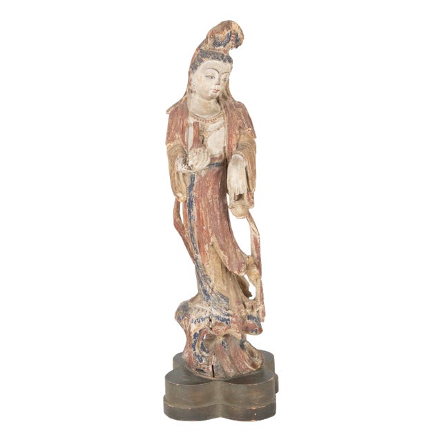 Chinese Carved and Painted Wood Sculpture of Guanyin For Sale