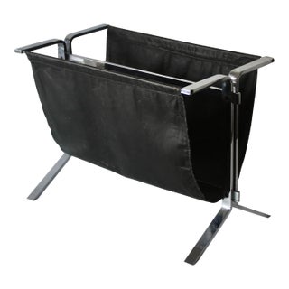 Poul Kjaerholm Style Chrome Steel Black Faux Leather Sling Magazine Caddy Rack Mid-Century Modern Vintage For Sale