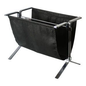 Poul Kjaerholm Style Chrome Steel Black Faux Leather Sling Magazine Caddy Rack Mid-Century Modern Vintage