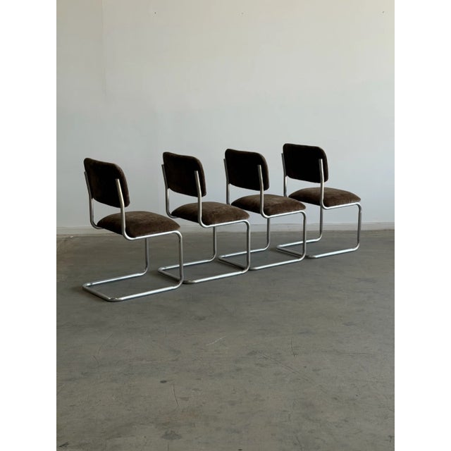 1970s Cantilever Dining Chairs in Brown Chenille - Set of 4 For Sale - Image 11 of 14