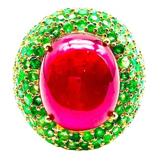 Bochic "Orient" Vintage Ruby & Emerald Cocktail Ring Set In 18K Gold & Silver For Sale