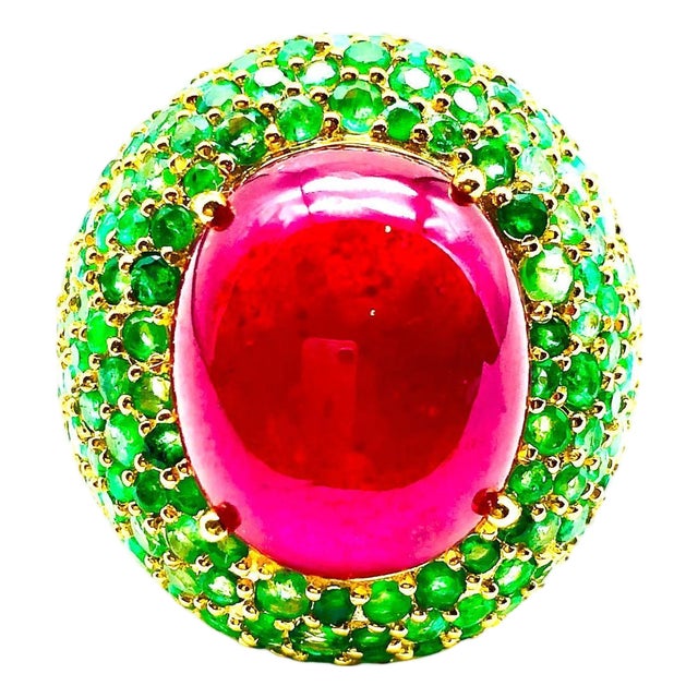 Bochic "Orient" Vintage Ruby & Emerald Cocktail Ring Set In 18K Gold & Silver For Sale