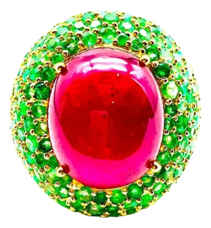 Bochic "Orient" Vintage Ruby & Emerald Cocktail Ring Set In 18K Gold & Silver