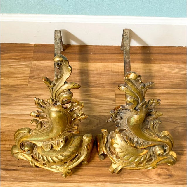 19th C. French Rococo Brass Andirons – A Pair – Gilded Age / European Antique For Sale - Image 11 of 12