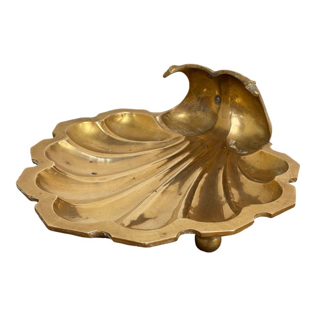 Oversized Vintage Brass Shell Motif Dish on Ball Feet For Sale