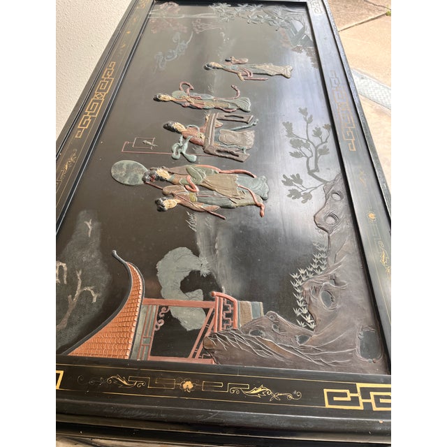 1920s Chinoiserie Three Piece Black Lacquer Desk With Hard-Stone Inlay For Sale - Image 10 of 12