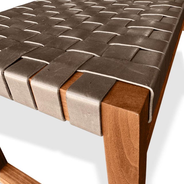 Modern Teak Bench With Woven Leather Attributed to Edward Smith For Sale - Image 4 of 6