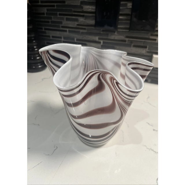 Add timeless Italian elegance to your collection with this stunning vintage Murano Fazzoletto art glass vase. Hand-blown...