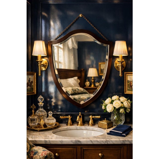 Alexa Hampton Shield Hepplewhite Mirror by Bombay W/ Chain - Ralph Lauren, British Colonial, Grandmillennial Decors - 21” X 26” See Pics! For Sale - Image 4 of 8