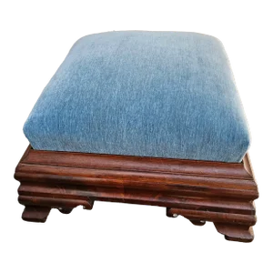 Mid 19th Century Flame Mahogany Empire Footstool Coastal Blue Velvet