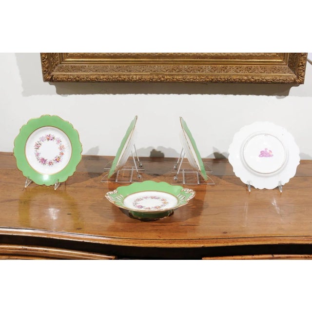 Ceramic Antique Ridgway Porcelain Compote with Green Rim & Floral Décor For Sale - Image 7 of 9