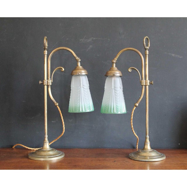 Edwardian Style Brass Rise and Fall Table Lamps with Shades, 1970s, Set of 2 For Sale - Image 11 of 11
