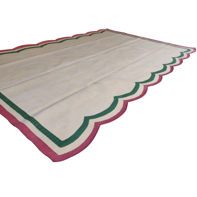 Not Yet Made - Made To Order Handmade Cotton Scalloped Rug, Cream with Green and Raspberry Border 8'x10' For Sale - Image 5 of 9