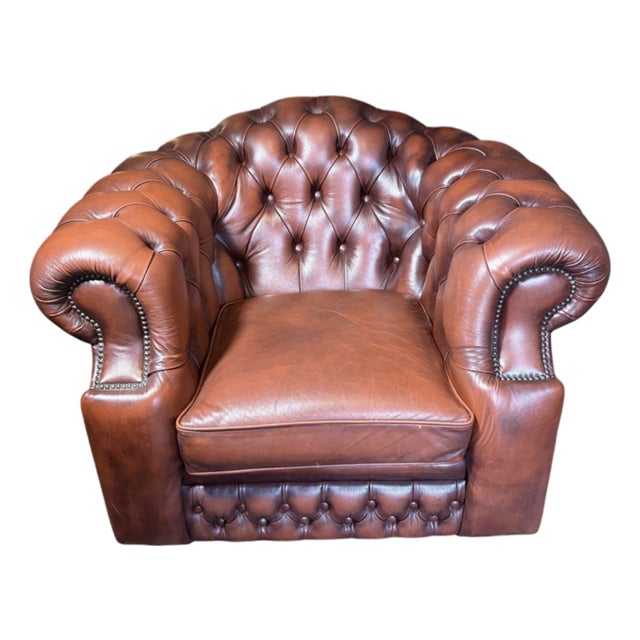 Vintage English Leather Chesterfield Tub Chair, 1980s For Sale