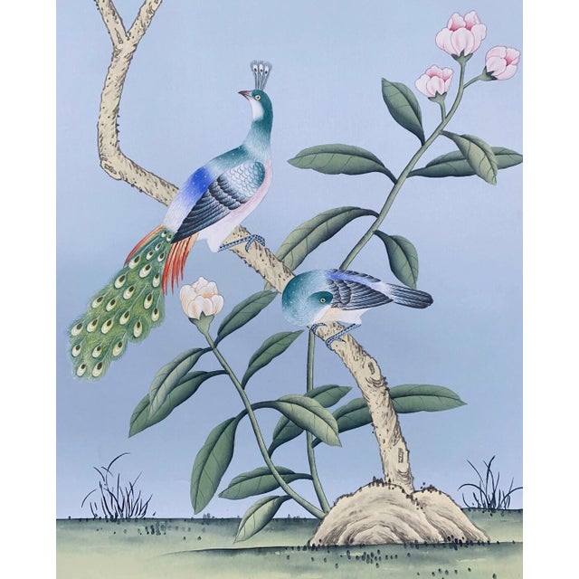 Set of 3 Panels French Blue Hand-Painted Chinoiserie Wallpaper For Sale - Image 4 of 4