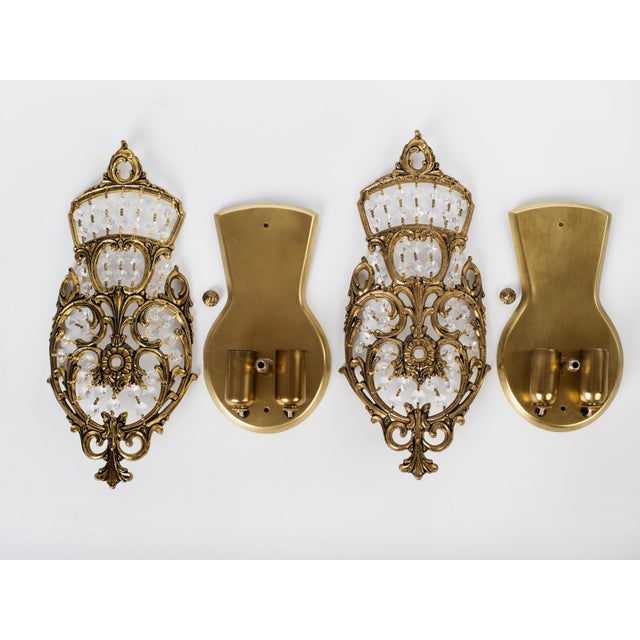 1960s 1960s Spanish Neoclassical Brass & Crystal Basket Wall Sconces - A Pair For Sale - Image 5 of 7