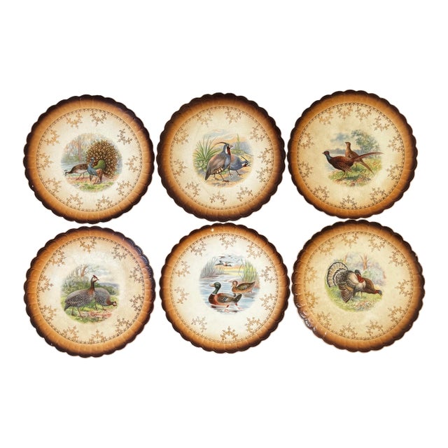 Set of 6 Vintage Sterling China Game Bird Plates, Signed r.k. Beck, Rustic Lodge Wildlife Decor For Sale