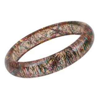 Pink Lucite Bracelet Bangle With Multicolor Metallic Thread Inclusions For Sale