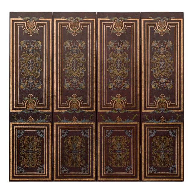 Vintage Chinese Four-Panel Painted Screen in Dark Red Brown Finish For Sale