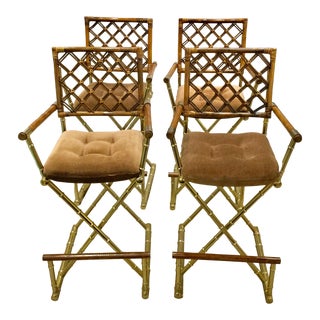 1970s Vintage Brass and Rattan Barstools - Set of 4 For Sale