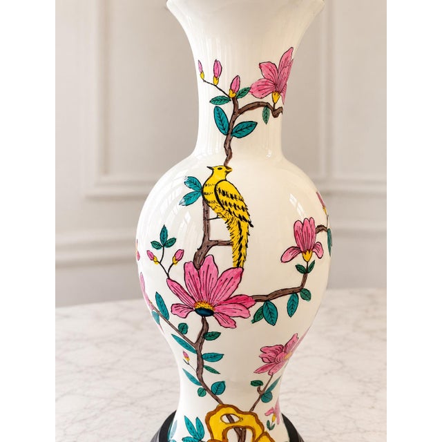 English Vintage Floral Ceramic Table Lamp, White Hand-Painted Flower Motif, Traditional Cottage Style, 29” Tall, Decorative Accent Lamp For Sale - Image 3 of 10