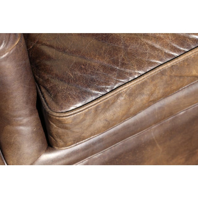 Pair of Restoration Hardware Churchill Tufted Leather Swivel Chairs | Vintage Distressed Cigar Leather Wingbacks For Sale - Image 15 of 18