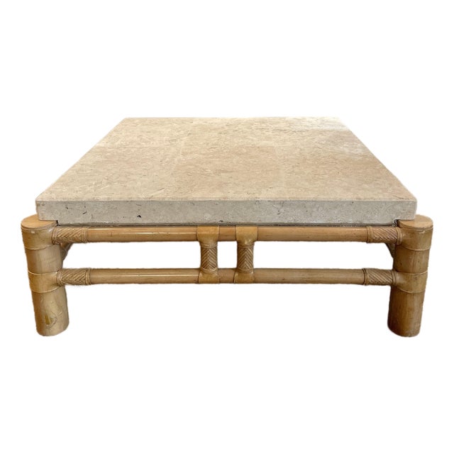 1980s Vintage in the Manner of Henredon Travertine and Bamboo Coffee Table For Sale
