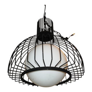 Mid-Century Wrought Iron Birdcage Swag Lamp With White Globe For Sale