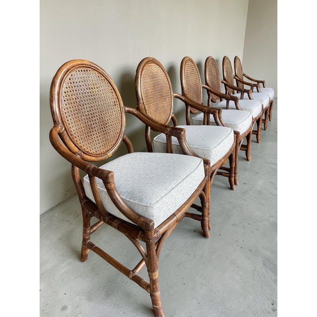 Contemporary Newly Upholstered Vintage Rattan & Cane Oval-Back Dining Chairs | Set of 6 For Sale - Image 3 of 15