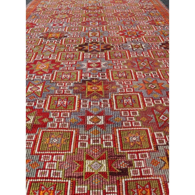 Tribal Vintage Turkish Kilim Rug With Rich Red and Multicolor Motif Design 4'6" X 10'2" For Sale - Image 3 of 10