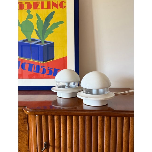 Space age set of 2 bedside table lamps Italy, 1970s The shade can be adjusted to direct the light. Metal, glass, ceramic...