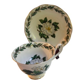 Vintage Royal Albert England "Lady CLARE"Sign A.Wagg Teacup and Saucer Set White Gardenia Green Leaves For Sale