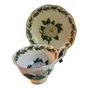Vintage Royal Albert England "Lady CLARE"Sign A.Wagg Teacup and Saucer Set White Gardenia Green Leaves
