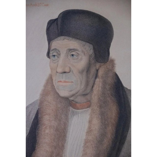 This framed hand colored stipple engraving and etching portrait of William Warham, Archbishop of Canterbury under King...