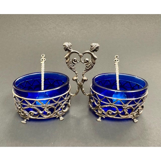 Antique French Silver & Cobalt Blue Glass Salt Cellars With Serving Spoons – Art Nouveau Table Decor, Saleron Pair For Sale In Miami - Image 6 of 7
