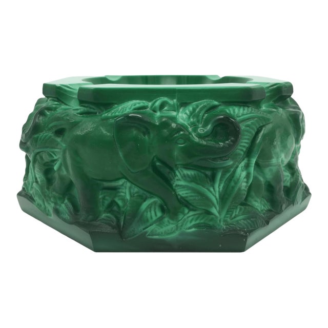 1930s Bohemian Malachite Glass Elephant Ashtray in the Style of Schlevogt or Hoffman For Sale