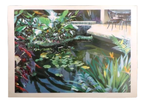 1980s "Interior Shimmer" Indoor Garden Pond Still Life Lithograph Print by David Kessler