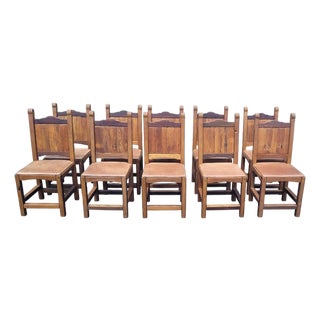 1970s Fabulous Set of 10 Spanish Misssion Leather Seat Dining Chairs For Sale