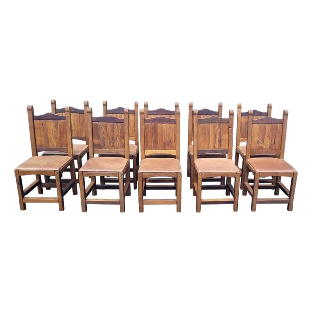 1970s Fabulous Set of 10 Spanish Misssion Leather Seat Dining Chairs For Sale