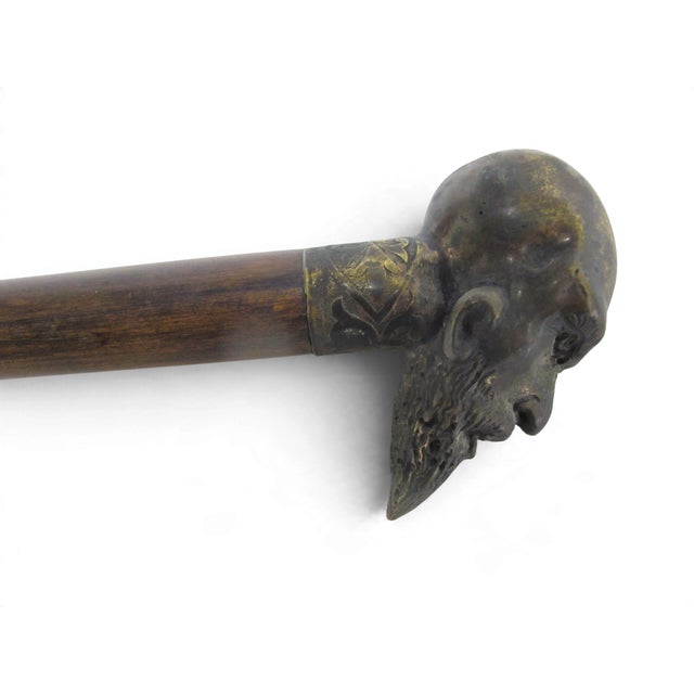 Bronze Bearded Man Figural Scholar Handle Antique Wood Walking Stick Cane For Sale - Image 10 of 12